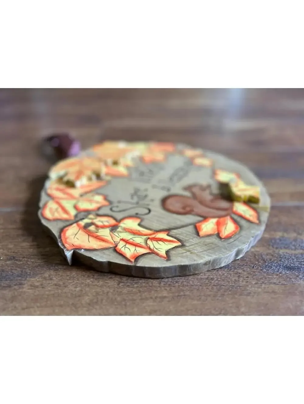 Handcrafted Wooden Autumn Wall Hanging with Squirrel and Leaves
